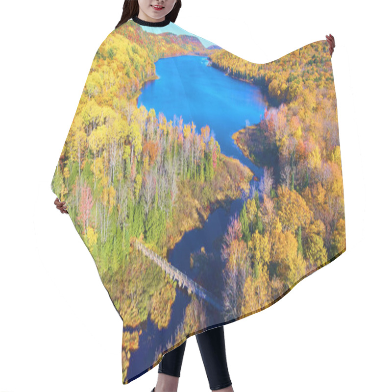 Personality  Aerial View Of A Vibrant Autumn Landscape With A Wooden Footbridge Over A Winding River, Captured In Lake In The Clouds, Michigan, 2017. Hair Cutting Cape