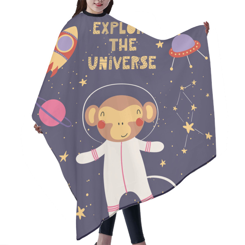 Personality  Card With Hand Drawn In Scandinavian Style Of Cute Funny Monkey In Space With Rocket And Ufo With Lettering Quote Explore Universe, Vector, Illustration Hair Cutting Cape