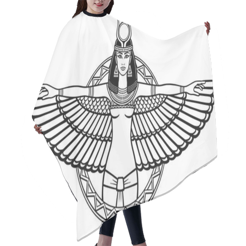 Personality  Animation Portrait Of The Ancient Egyptian Winged Goddess. The Linear Drawing Isolated On A White Background. Vector Illustration, Be Used For Coloring Book. Hair Cutting Cape