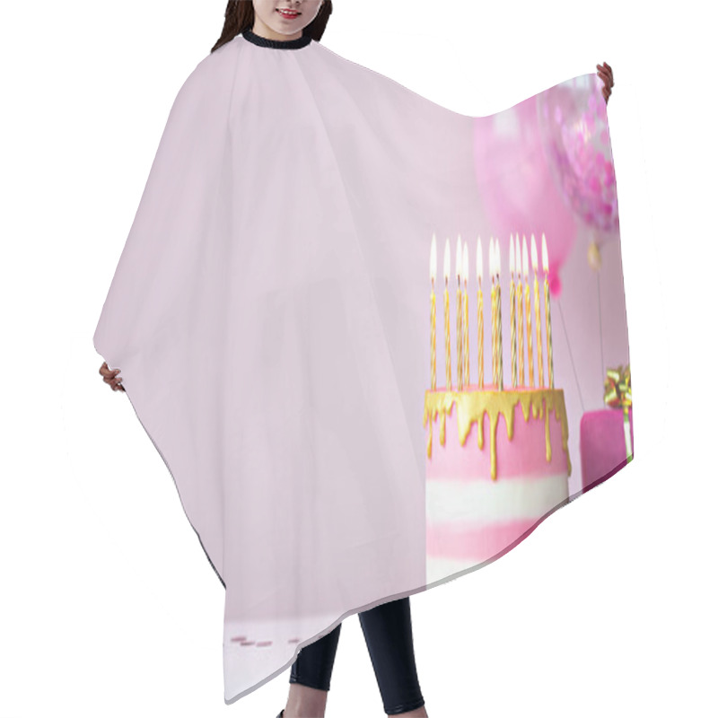 Personality  Pink Birthday Cake With Golden Candles And Balloons Hair Cutting Cape