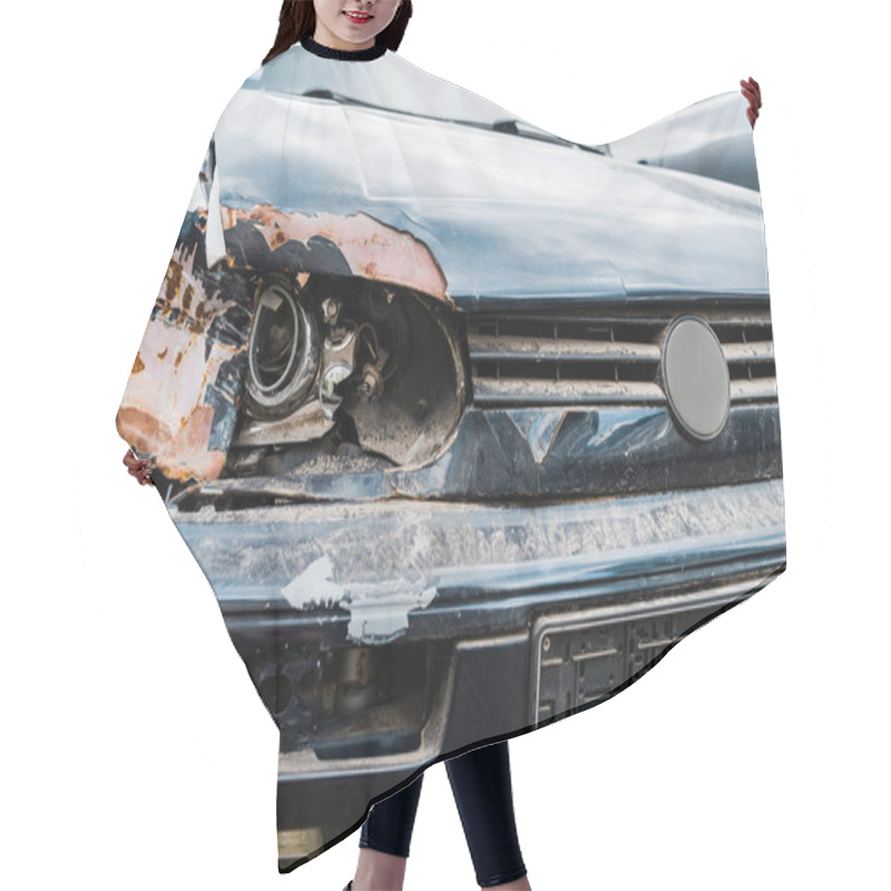 Personality  Selective Focus Of Damaged Headlight In Automobile After Car Accident  Hair Cutting Cape