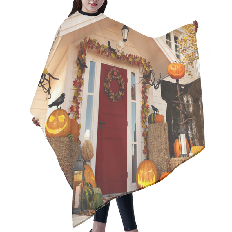 Personality  Halloween Decorated House With Pumpkins. 3d Rendering Hair Cutting Cape