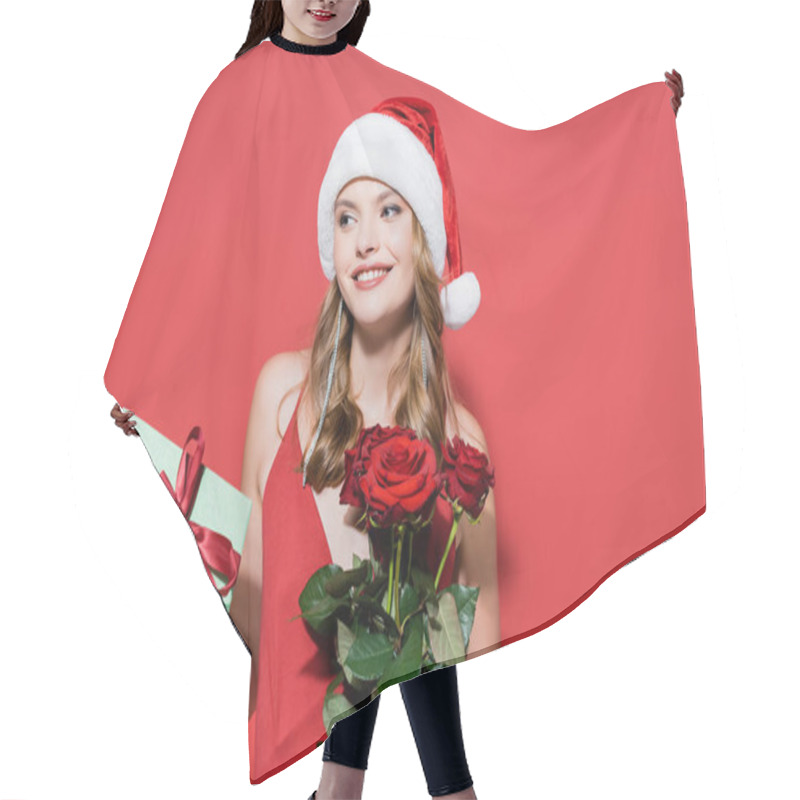 Personality  Happy Young Woman In Santa Hat Holding Roses And Gift Box On Red Hair Cutting Cape