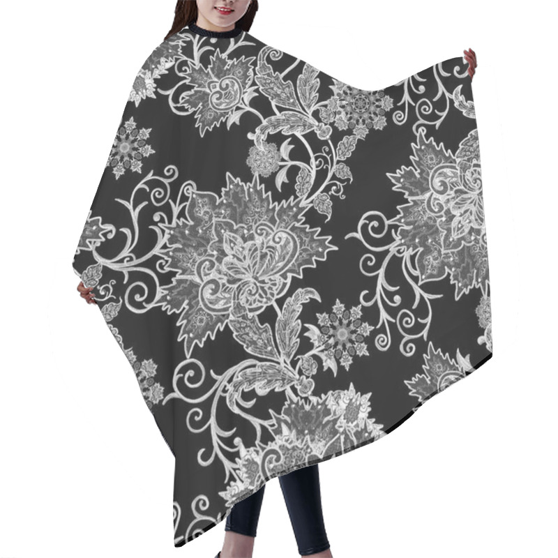 Personality  Seamless Pattern. Brilliant Lace, Stylized Flowers. Openwork Weaving Delicate, Paisley. Monochrome Tracery, Openwork Curls. Hair Cutting Cape