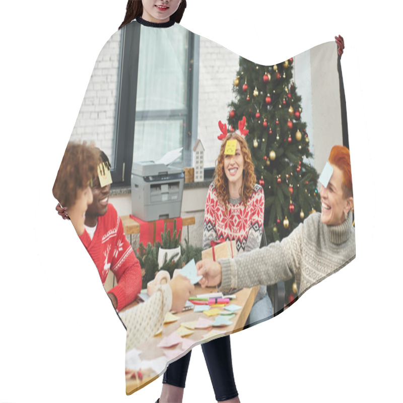 Personality  Colleagues Share Laughter And Festive Cheer With Playful Activities In A Decorated Workspace Hair Cutting Cape