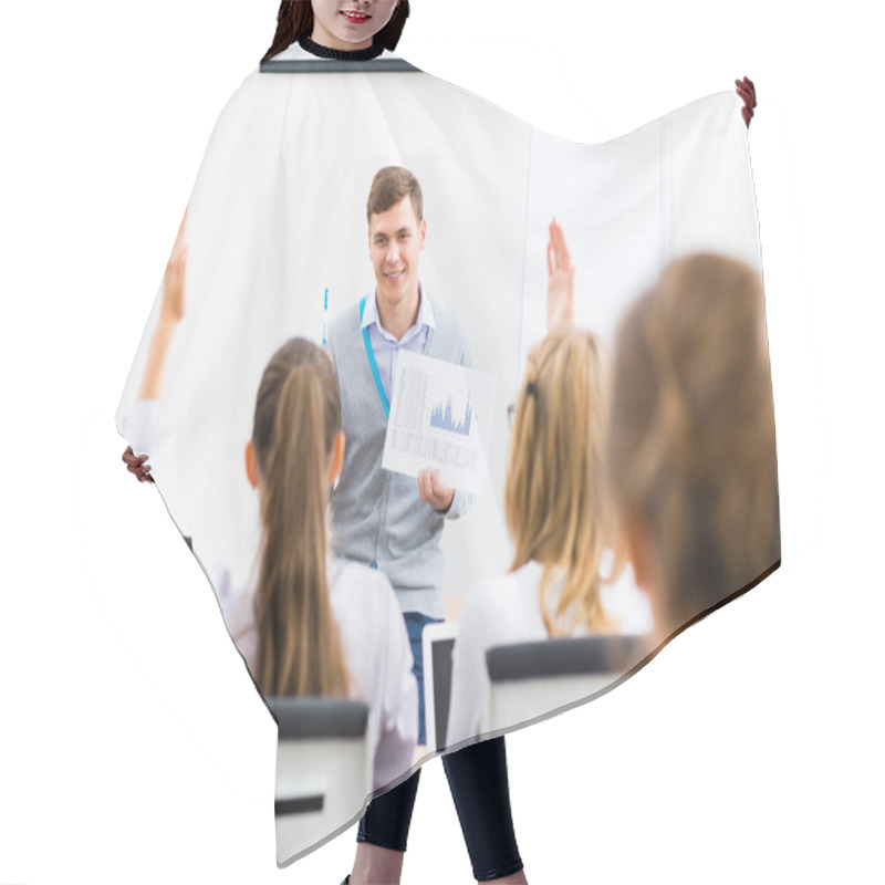 Personality  Teacher Talking With Students Hair Cutting Cape