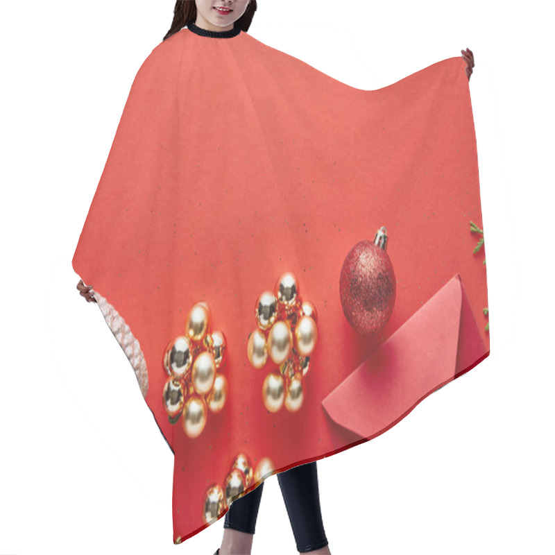 Personality  Top View Of Shiny Christmas Decoration, Envelope And Thuja On Red Background With Copy Space Hair Cutting Cape