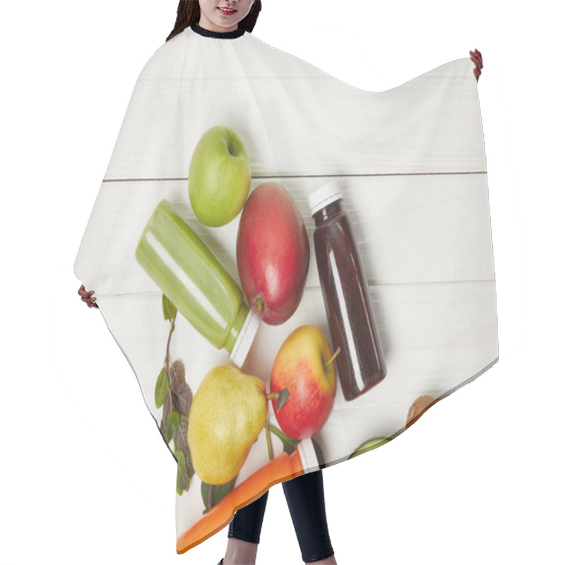 Personality  Top View Of Fresh Fruits And Detox Smoothies On White Wooden Background   Hair Cutting Cape