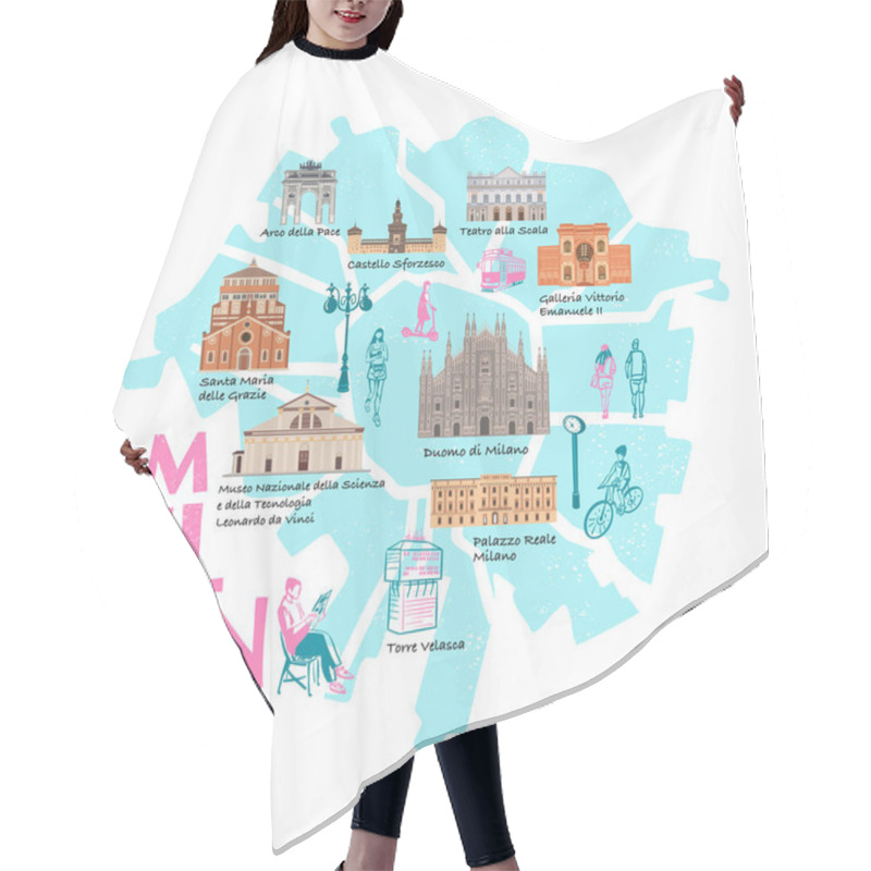 Personality  Milan Map, Buildings Of World Famous Places. Italy. Cartoon Doodle Art For Design. Traditional Symbols Full Color Vector Illustration. Hair Cutting Cape