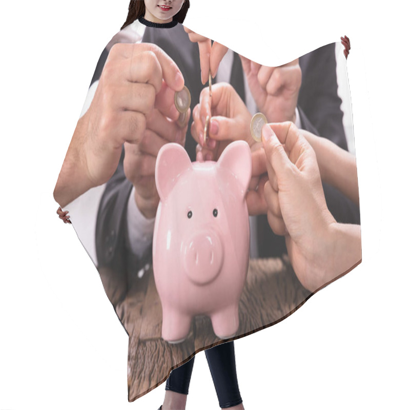 Personality  Crowdfunding Concept. People Inserting Coins Into Piggybank Hair Cutting Cape