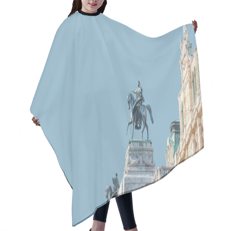 Personality  Banner With Top Roof Sculpture Of Greek Goddess Muse Riding Pegasus, A Winged Horse, At Vienna State Opera House, Vienna, Austria, With Copy Space. Concept Of Cultural Heritage And Travel Hair Cutting Cape