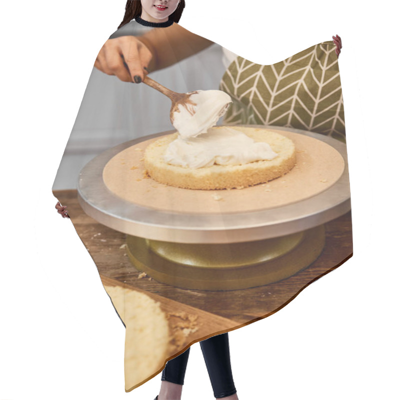 Personality  Partial View Of Confectioner Spreading Cream On Cake Layer Hair Cutting Cape