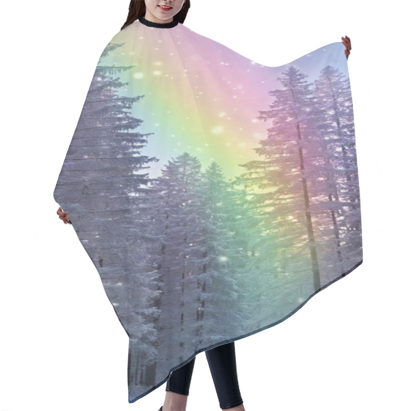 Personality  Rainbow Frosted Forest: An Icy Winter Forest Where Frost And Snow Glisten In Shades Of Lavender, Mint Green, Pale Gold, And Pastel Pink As Sunlight Refracts Through The Frosty Air. Hair Cutting Cape