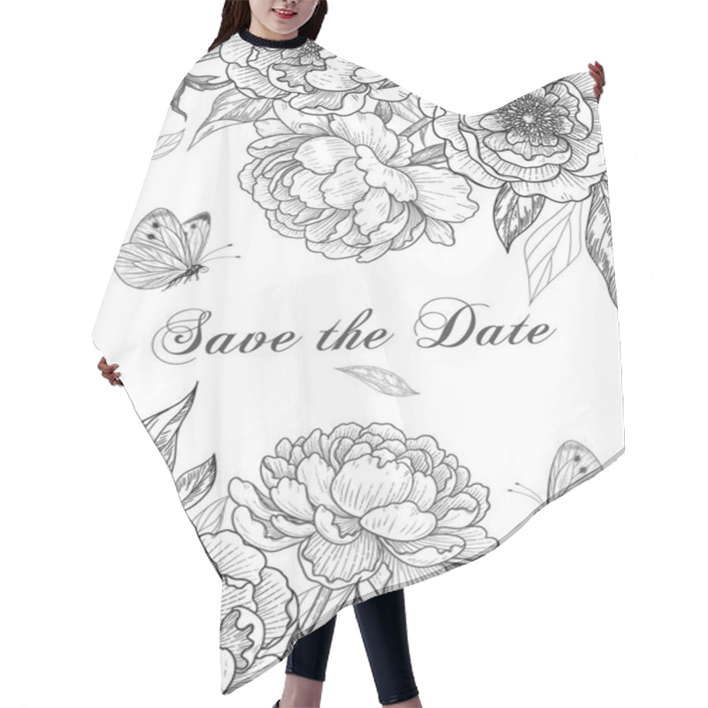 Personality  Luxurious Vertical Floral Background With Blooming Peonies And Butterflies. Monochrome Flowers Arrangement And Flying Moths. Black And White Vector Elegant Wedding Card Template In Vintage Style. Hair Cutting Cape