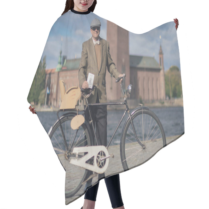 Personality  STOCKHOLM, SWEDEN, SEPT 22, 2018: Bike In Tweed Bicycle Tour With Vintage Bikes And Clothes. Before Start With Backdrop Of City Hall. Hair Cutting Cape