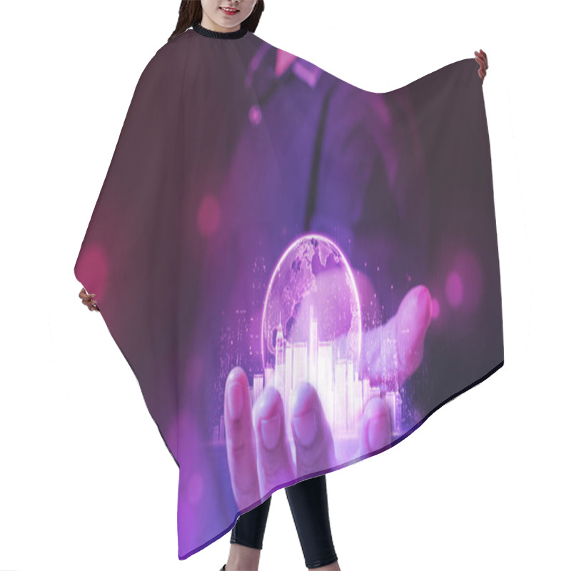 Personality  Double Exposure Of  Businessman Showing The Smart City Of Cyberspace And Metaverse Digital Data Of Futuristic And Technology, Internet And Big Data Connection Data Analysis Background Concept Hair Cutting Cape