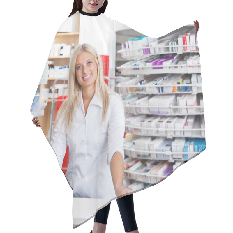 Personality  Female Pharmacist Standing At Checkout Counter Hair Cutting Cape