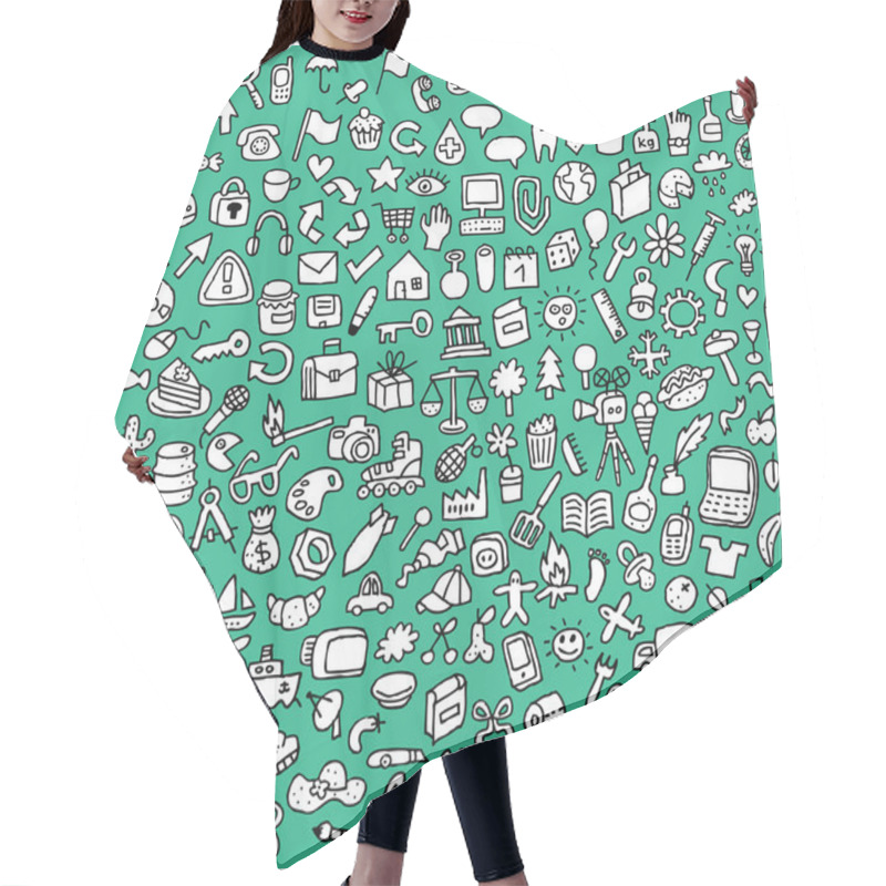 Personality  XXL Doodle Icons Set In Black And White Hair Cutting Cape