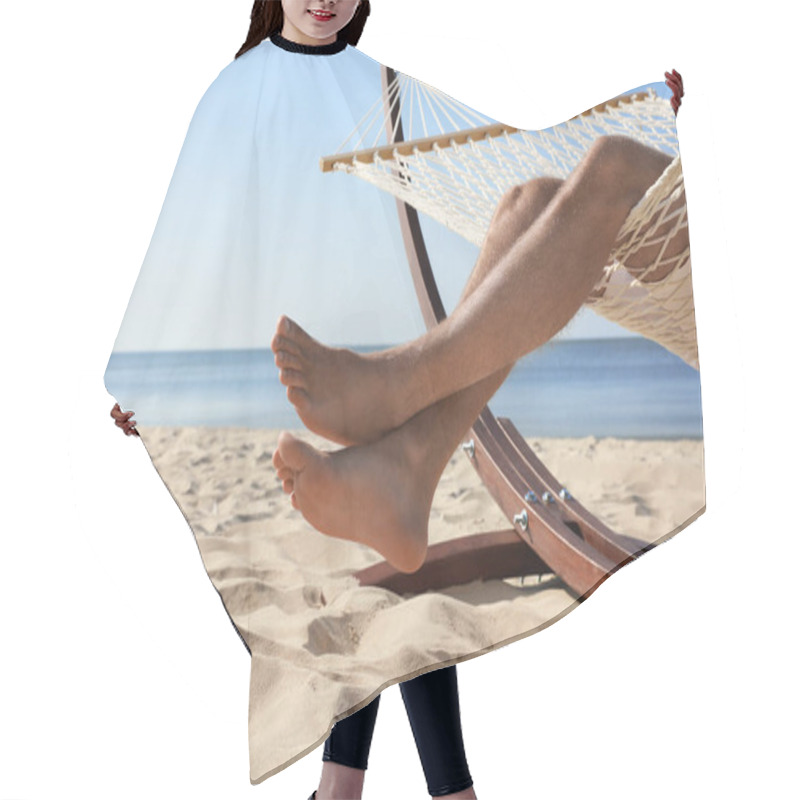 Personality  Young Man Relaxing In Hammock On Beach, Closeup Hair Cutting Cape