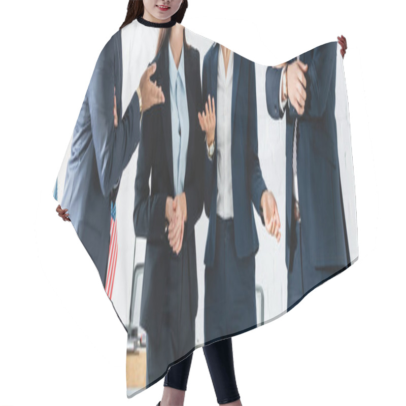 Personality  Cropped View Of Multicultural Politicians Gesturing While Standing In Boardroom, Banner Hair Cutting Cape