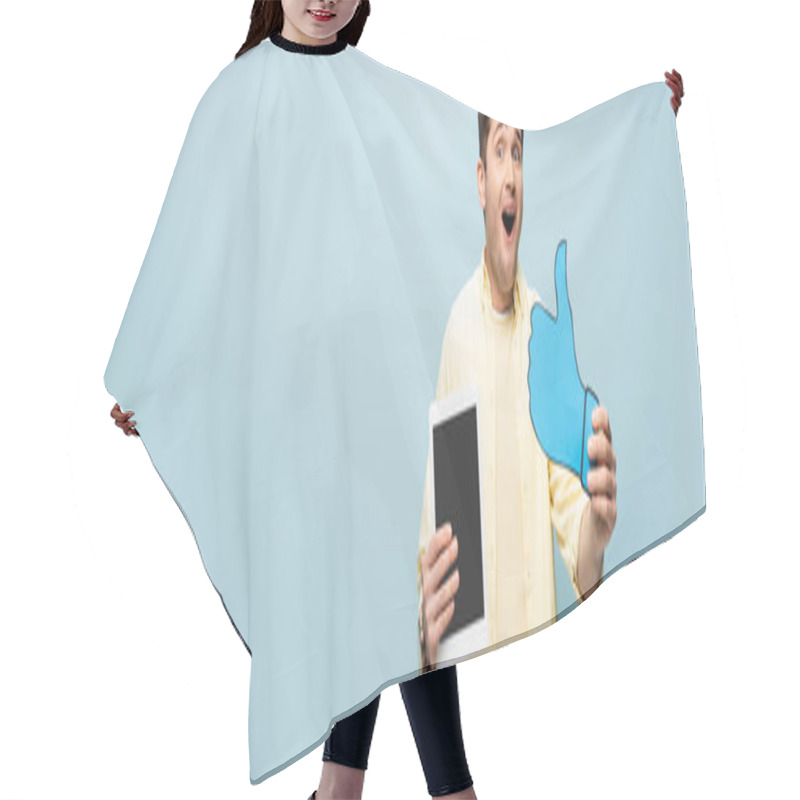 Personality  Astonished Man In Shirt Holding Paper Like And Digital Tablet With Blank Screen Isolated On Blue, Banner Hair Cutting Cape