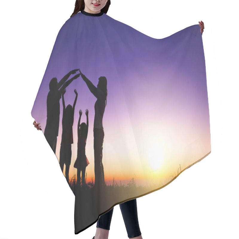 Personality  Happy Family Making Home Sign On The Hill With Sunrise Backgroun Hair Cutting Cape