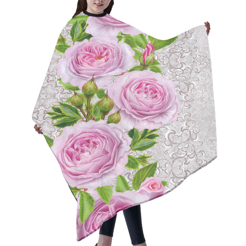 Personality  Vertical Floral Border. Pattern, Seamless. Old Style. Flower Garland Of Delicate Pink Roses, Buds. Silver Shiny Openwork Curls, Lace, Pastel Mosaic, Weaving. Hair Cutting Cape