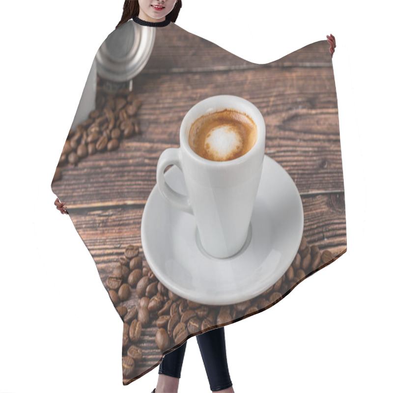 Personality  Espresso Macchiato In White Porcelain Cup With Milk And Coffee Beans On Wooden Table Hair Cutting Cape