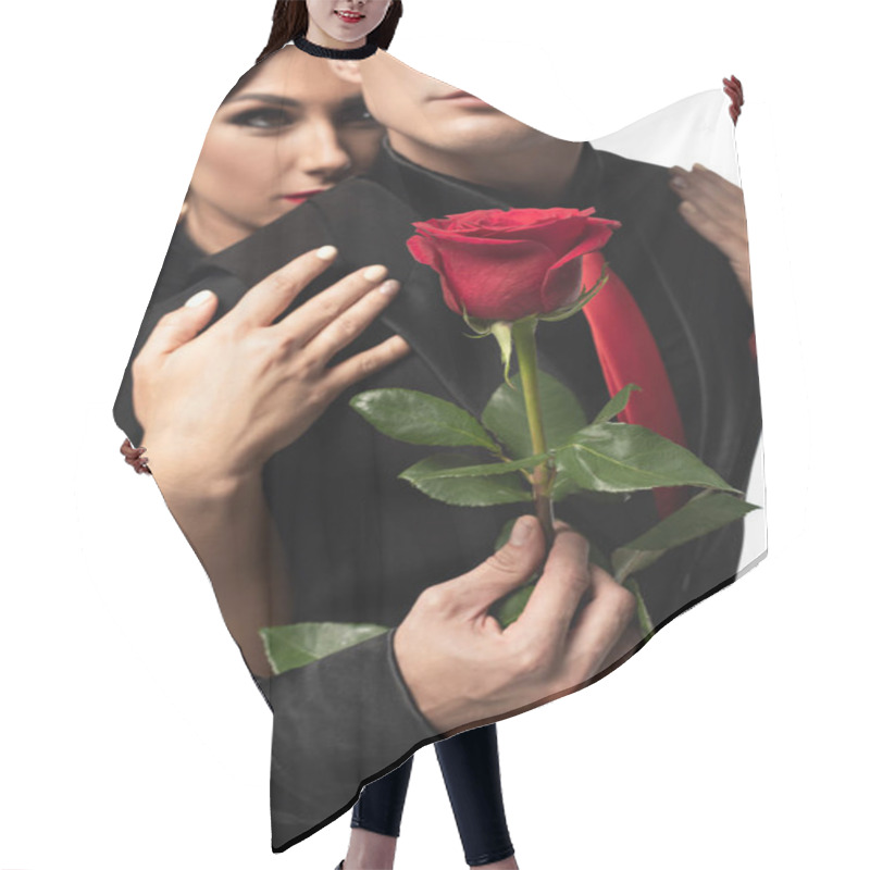 Personality  Attractive Tango Dancer Hugging Partner Holding Red Rose Isolated On White Hair Cutting Cape