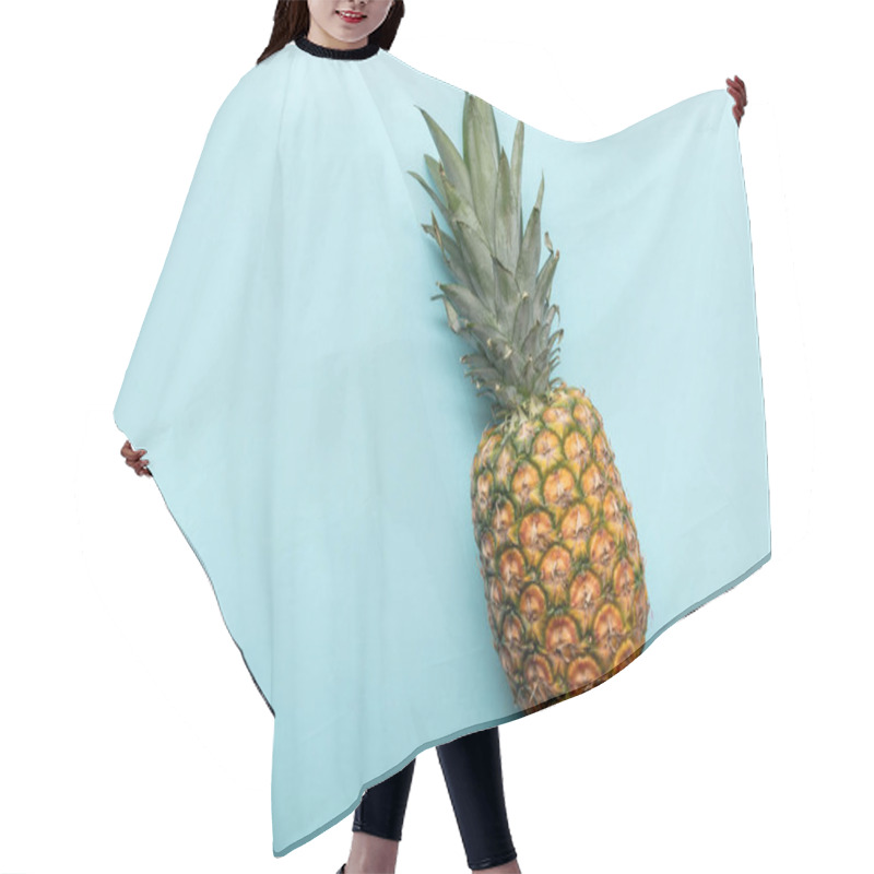 Personality  Top View Of Whole Ripe Tropical Pineapple On Blue Background With Copy Space Hair Cutting Cape