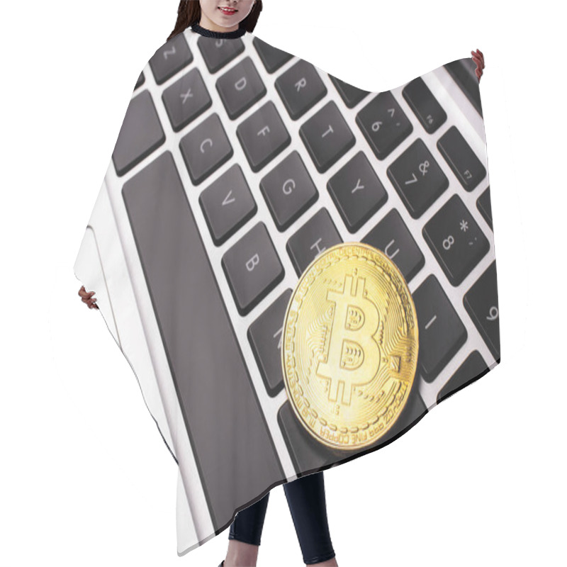 Personality  KYIV, UKRAINE - APRIL 26, 2022: Close Up View Of Golden Bitcoin On Laptop Keyboard  Hair Cutting Cape