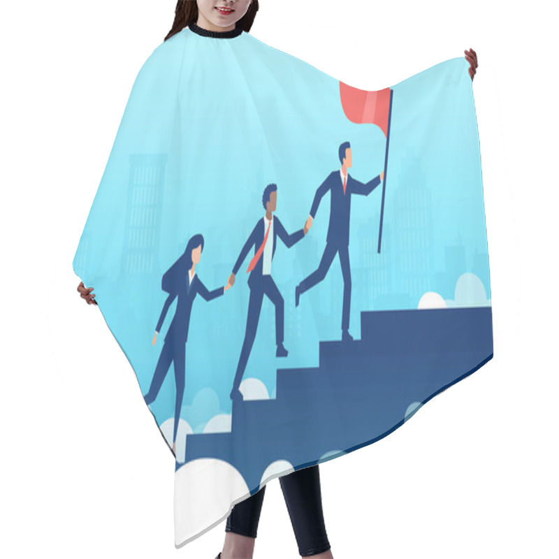 Personality  Team Work Success. Vector Of A Group Of Business People Climbing Up Staircase With Raised Flag.  Hair Cutting Cape