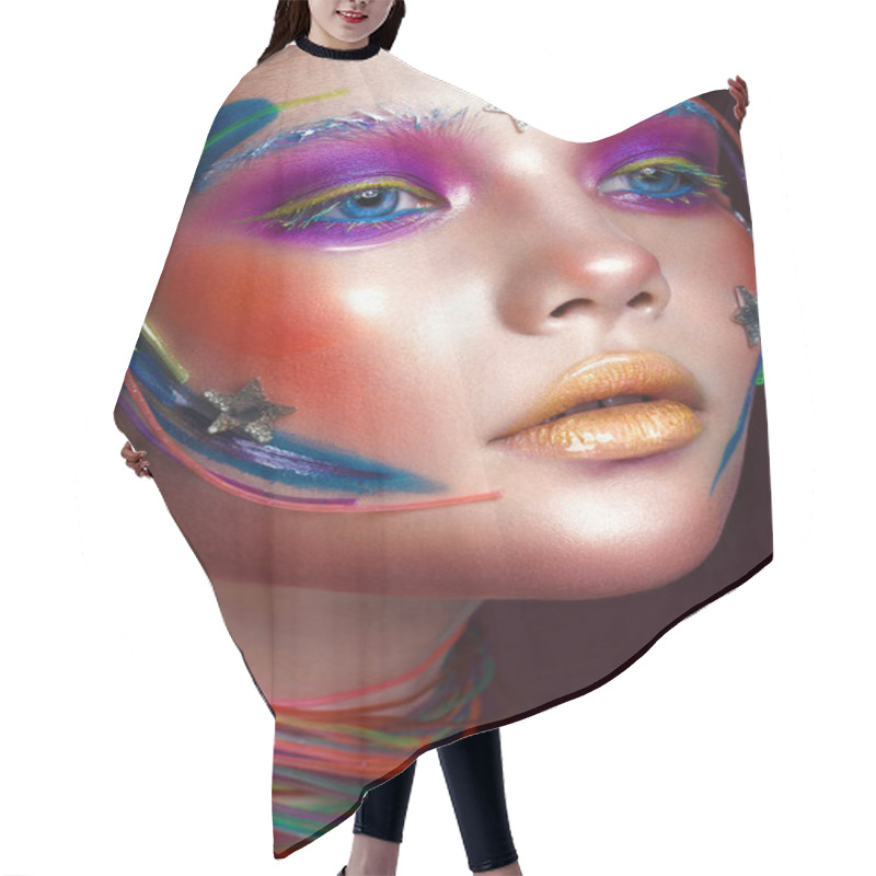 Personality  Beautiful Girl With Creative Make-up In Pop Art Style. Beauty Face. Hair Cutting Cape