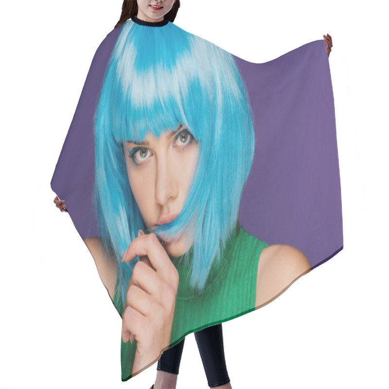 Personality  Beautiful Girl Posing In Trendy Blue Wig, Isolated On Purple Hair Cutting Cape