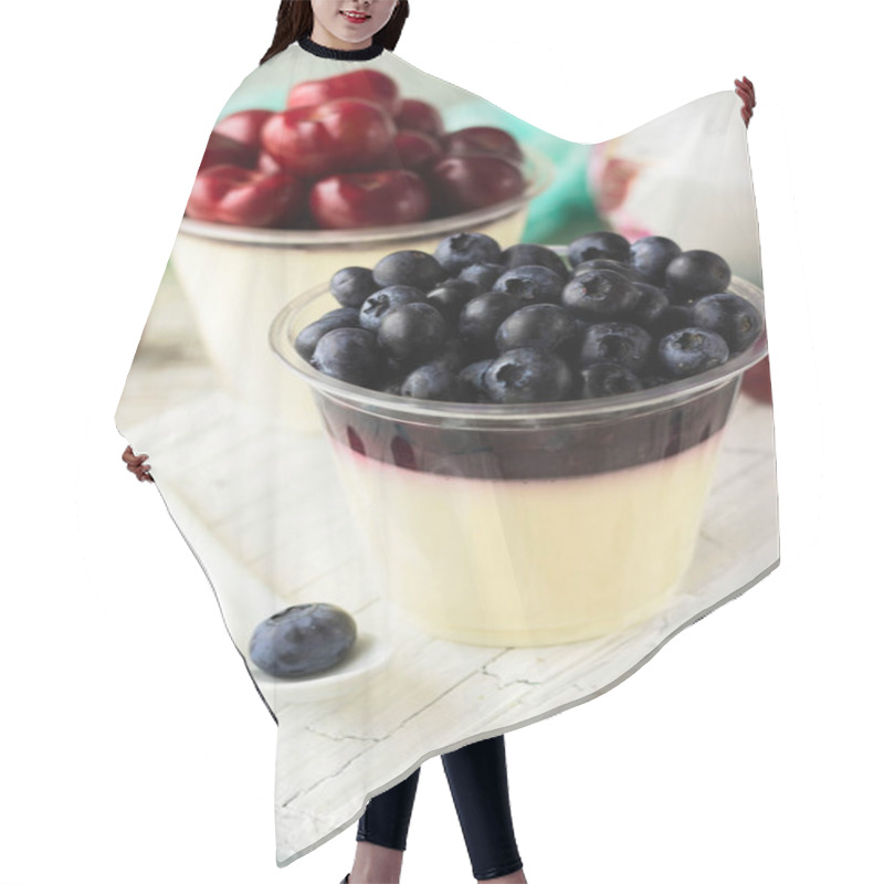 Personality  Italian Pana Cota With Berry Jam And Fresh Blueberries On A Light Background Hair Cutting Cape