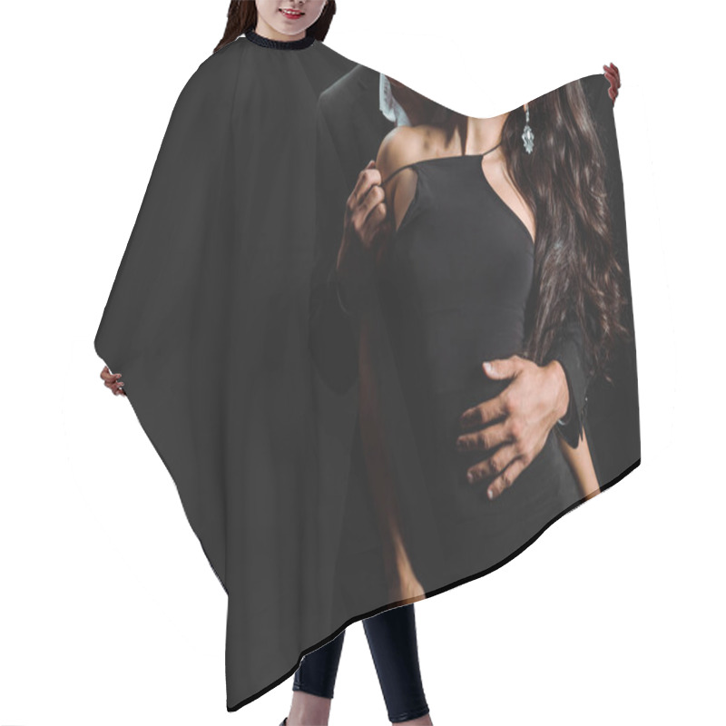 Personality  Cropped View Of Passionate Man Kissing Woman In Dress Isolated On Black  Hair Cutting Cape