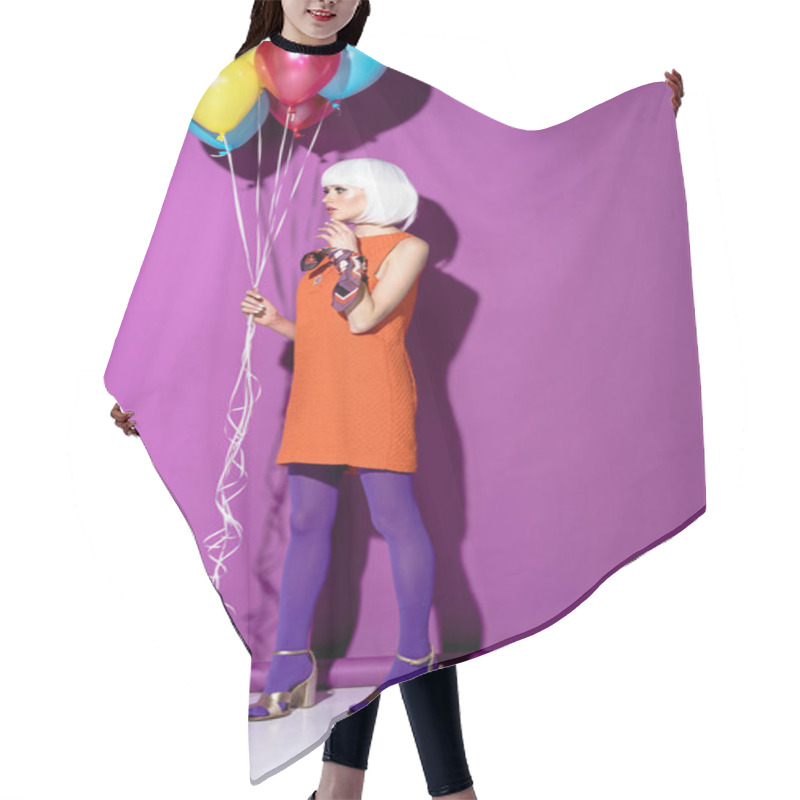 Personality  Full Length View Of Girl In White Wig Holding Air Balloons On Purple Background Hair Cutting Cape