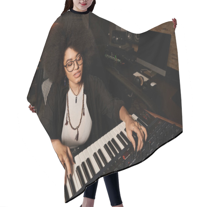 Personality  A Woman Wearing Glasses Plays A Keyboard In A Recording Studio During A Music Band Rehearsal. Hair Cutting Cape