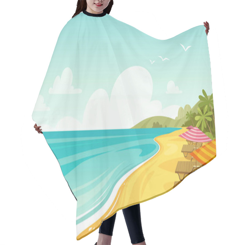 Personality  Sea Beach And Sun Loungers. Seascape, Vacation Banner. Cartoon Vector Illustration Hair Cutting Cape