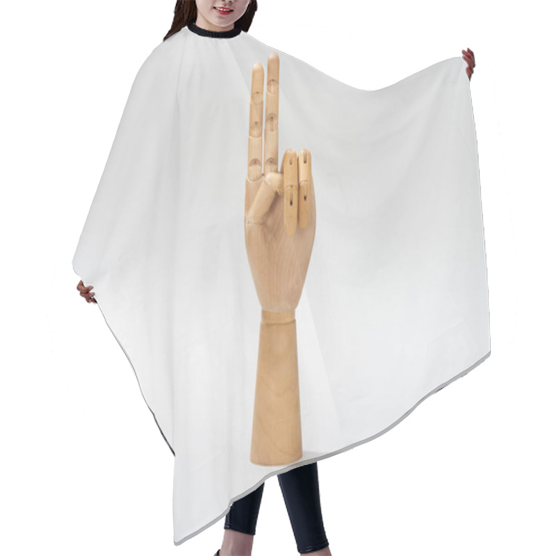 Personality  Wooden Hand Of Doll With Peace Sign On Grey Background Hair Cutting Cape