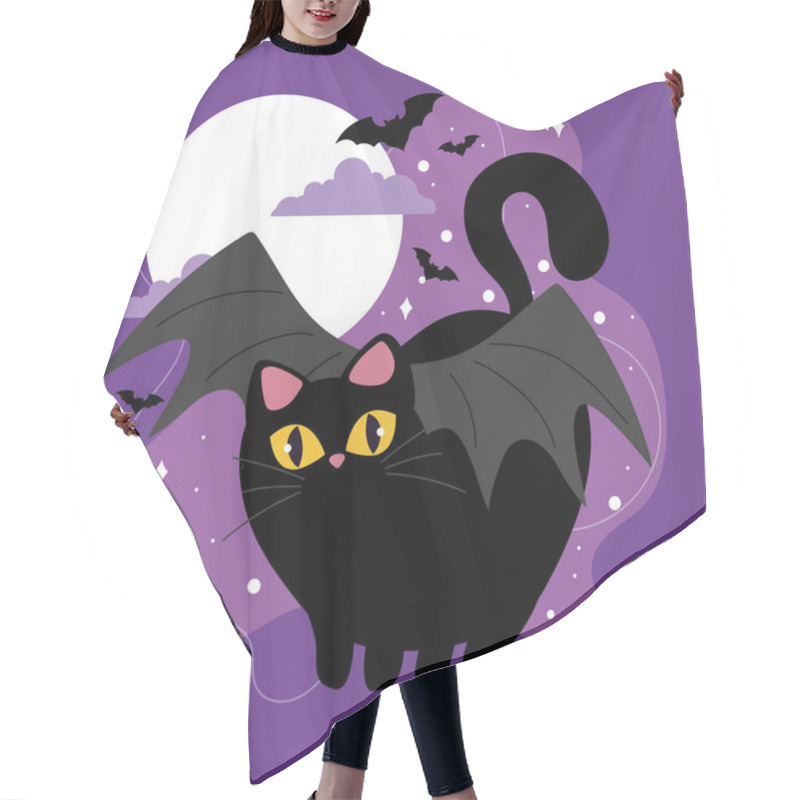 Personality  Halloween Black Cat With Bat Wings In Front Of Full Moon And Bats, Spooky Theme, Vector Illustration Hair Cutting Cape