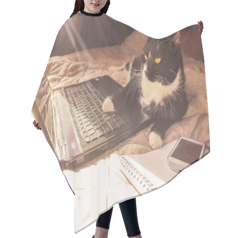 Personality  Black Cat Working On A Laptop Hair Cutting Cape