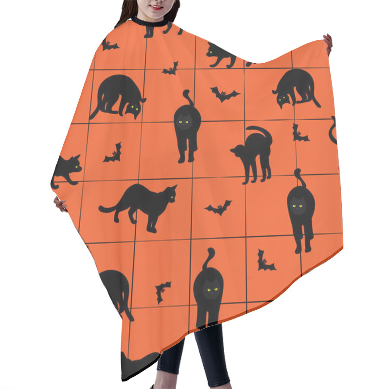 Personality  Seamless Pattern With Black Cats And Bats On An Orange Background. Hair Cutting Cape