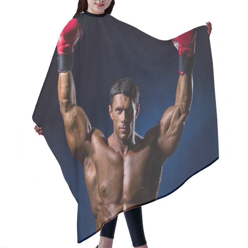 Personality  Strong Muscular Boxer In Red Boxing Gloves Raised His Hands Abov Hair Cutting Cape