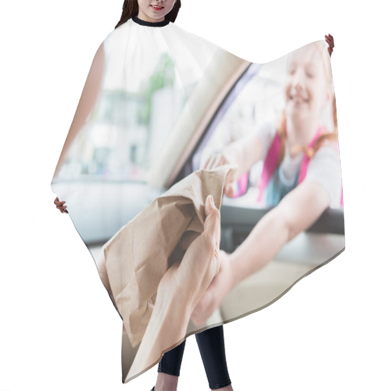 Personality  Partial View Of Mother In Car Giving Paper Package With Food To Daughter Hair Cutting Cape