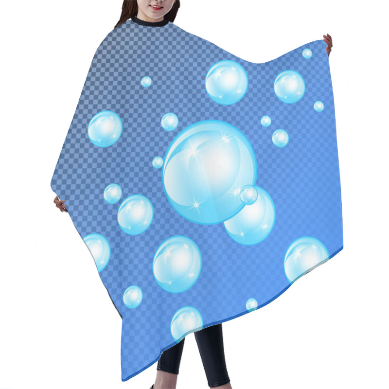 Personality  Realistic Soap Bubbles With Rainbow Reflection Set Isolated On The Blue Transparent Background. Vector Illustration Hair Cutting Cape