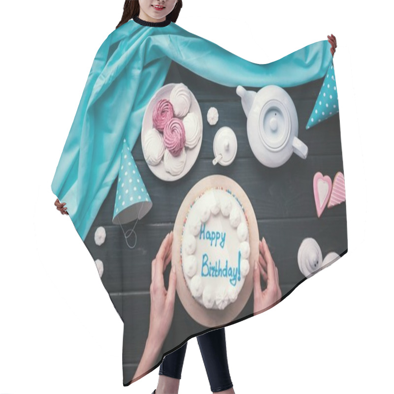 Personality  Woman Putting Birthday Cake On Table Hair Cutting Cape