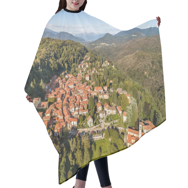 Personality  Aerial view of little Italian ancient village Castello Cabiaglio, situated in province of Varese, Lombardy, Italy hair cutting cape