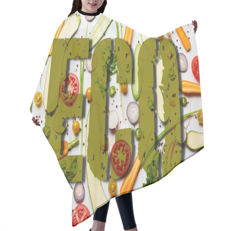 Personality  Top View Of Fresh Sliced Vegetables And Black Pepper On White Background With Eco Illustration Hair Cutting Cape