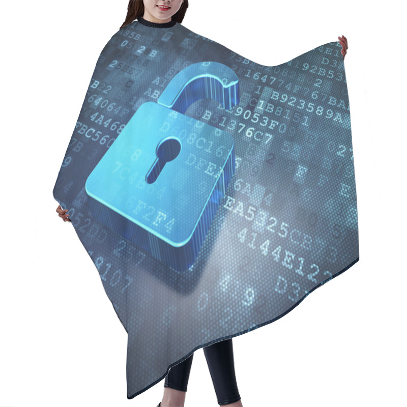 Personality  Security Concept: Blue Opened Padlock On Digital Background Hair Cutting Cape